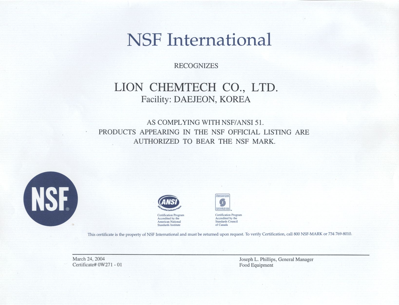 Lion Chemtech Co. Ltd. Usklađenost sa standardima NSF ANSI51.